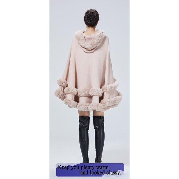 Women Hooded Poncho Cape Faux Fur Shawl Wrap with Fur Trim Sleeveless Cardigan - Picture 5 of 7